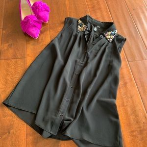 Aqua Sheer Black Blouse with Jewel Collar